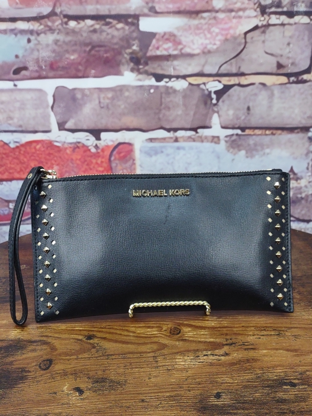 Michael Kors Black Leather Wristlet with Gold Stud Accents